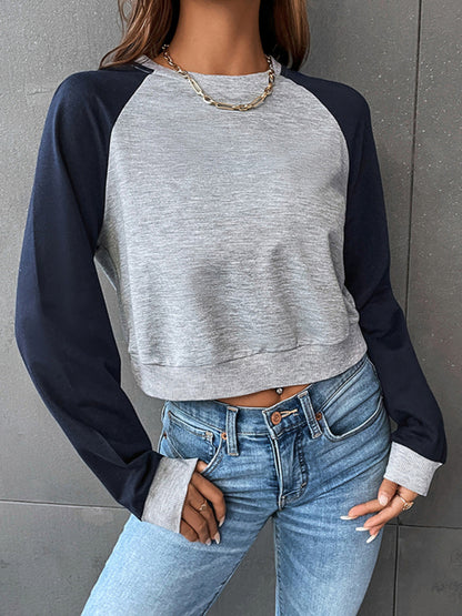 Sweatshirts- Color Block Round Neck Crop Sweatshirt- - Pekosa Women Clothing