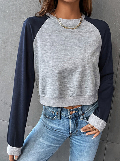 Sweatshirts- Color Block Round Neck Crop Sweatshirt- - Pekosa Women Clothing