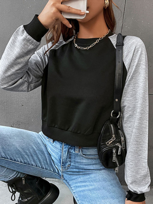 Sweatshirts- Color Block Round Neck Crop Sweatshirt- - Pekosa Women Clothing