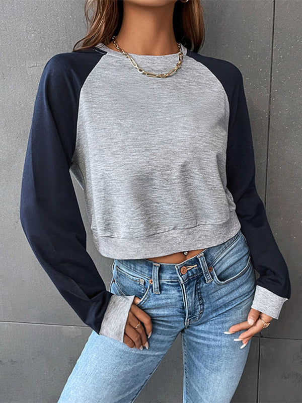 Sweatshirts- Color Block Round Neck Crop Sweatshirt- - Pekosa Women Clothing