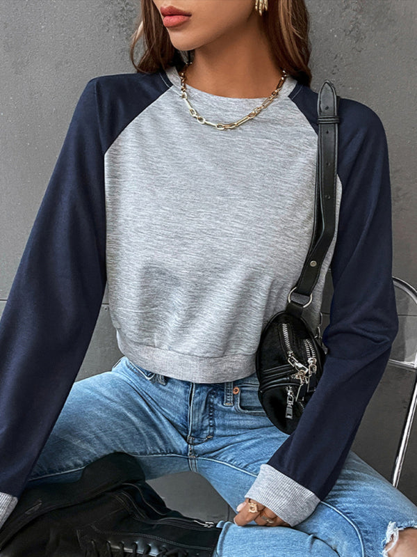 Sweatshirts- Color Block Round Neck Crop Sweatshirt- - Pekosa Women Clothing