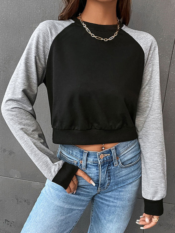 Sweatshirts- Color Block Round Neck Crop Sweatshirt- Dark Gray- Pekosa Women Clothing