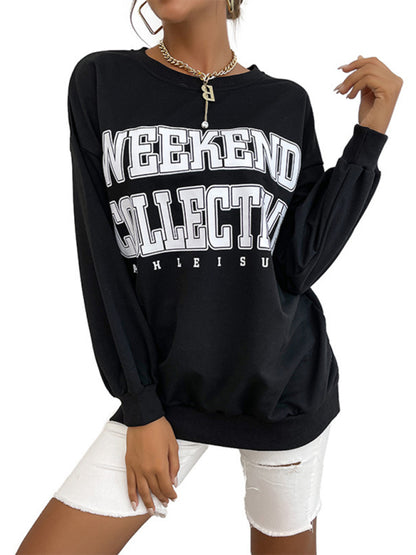 Sweatshirts- Cotton Loose Letter Print Pullover Sweatshirt- - Pekosa Women Clothing