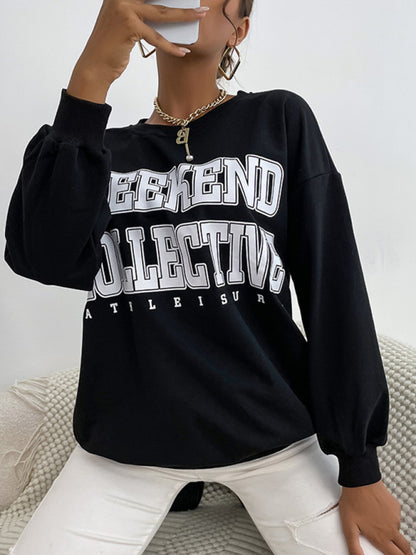 Sweatshirts- Cotton Loose Letter Print Pullover Sweatshirt- - Pekosa Women Clothing