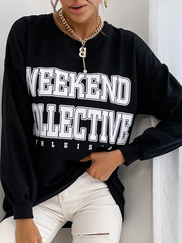 Sweatshirts- Cotton Loose Letter Print Pullover Sweatshirt- Black- Pekosa Women Clothing