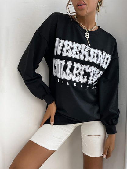 Sweatshirts- Cotton Loose Letter Print Pullover Sweatshirt- - Pekosa Women Clothing