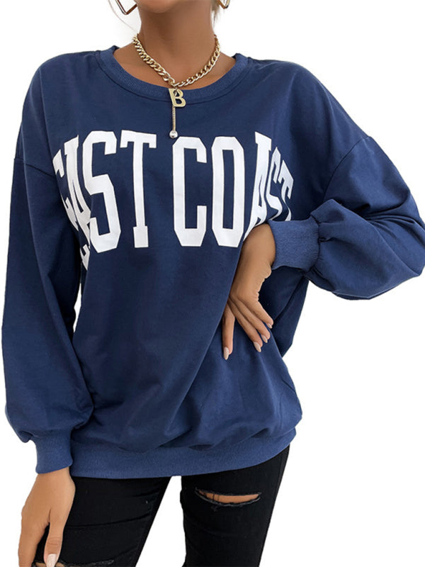 Sweatshirts- Cotton Oversized ‘Weast Coast’ Drop Shoulder Pullover Sweatshirt- - Pekosa Women Clothing