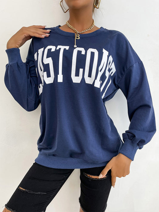 Sweatshirts- Cotton Oversized ‘Weast Coast’ Drop Shoulder Pullover Sweatshirt- Royal blue- Pekosa Women Clothing