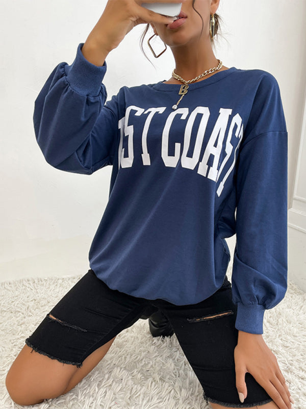 Sweatshirts- Cotton Oversized ‘Weast Coast’ Drop Shoulder Pullover Sweatshirt- - Pekosa Women Clothing