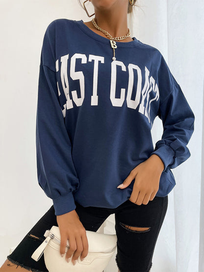 Sweatshirts- Cotton Oversized ‘Weast Coast’ Drop Shoulder Pullover Sweatshirt- - Pekosa Women Clothing