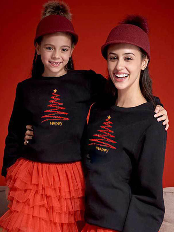 Sweatshirts- Cozy Christmas Cheer: Mommy and Me Tree Sweatshirt Duo- Black- Pekosa Women Clothing