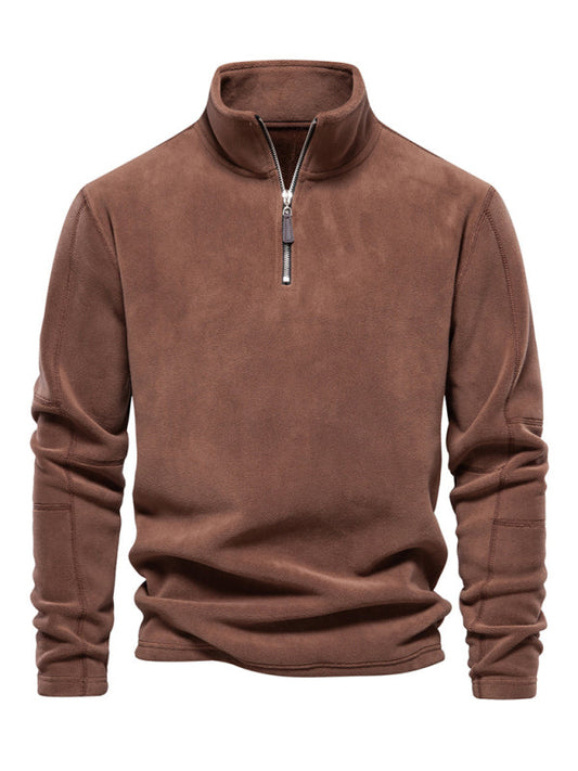 Sweatshirts- Cozy Half Zip-Up Fleece Polar Sweatshirt for Men- Brown- Pekosa Women Clothing