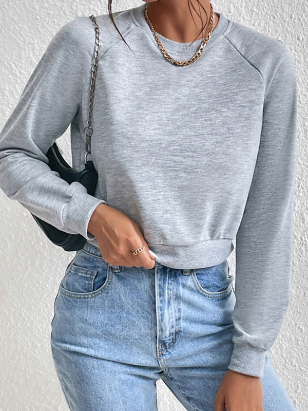 Sweatshirts- Crop Pullover - Round Neck, Long Sleeve Sweatshirt- - Pekosa Women Clothing