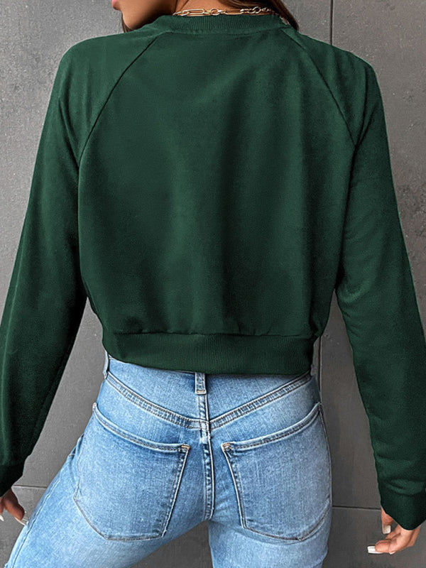 Sweatshirts- Crop Pullover - Round Neck, Long Sleeve Sweatshirt- - Pekosa Women Clothing