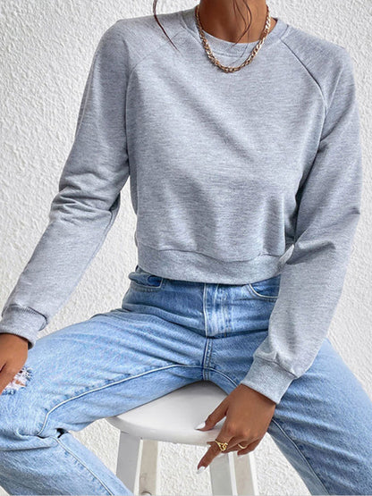 Sweatshirts- Crop Pullover - Round Neck, Long Sleeve Sweatshirt- - Pekosa Women Clothing