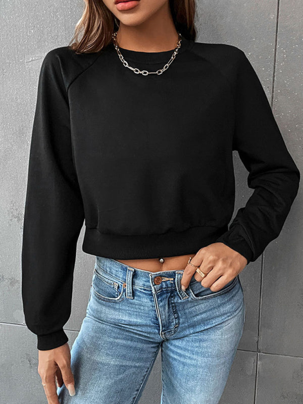 Sweatshirts- Crop Pullover - Round Neck, Long Sleeve Sweatshirt- - Pekosa Women Clothing