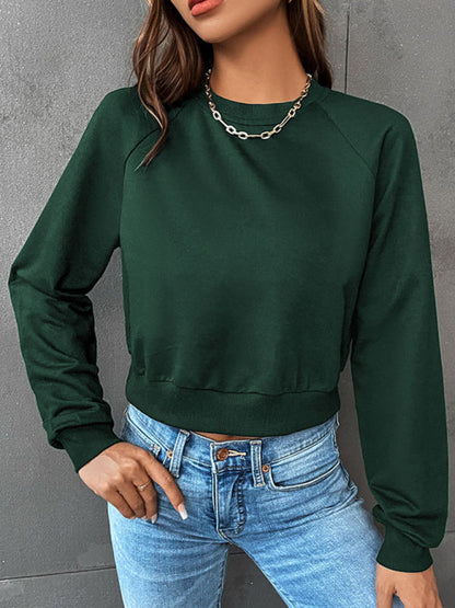 Sweatshirts- Crop Pullover - Round Neck, Long Sleeve Sweatshirt- Green black jasper- Pekosa Women Clothing