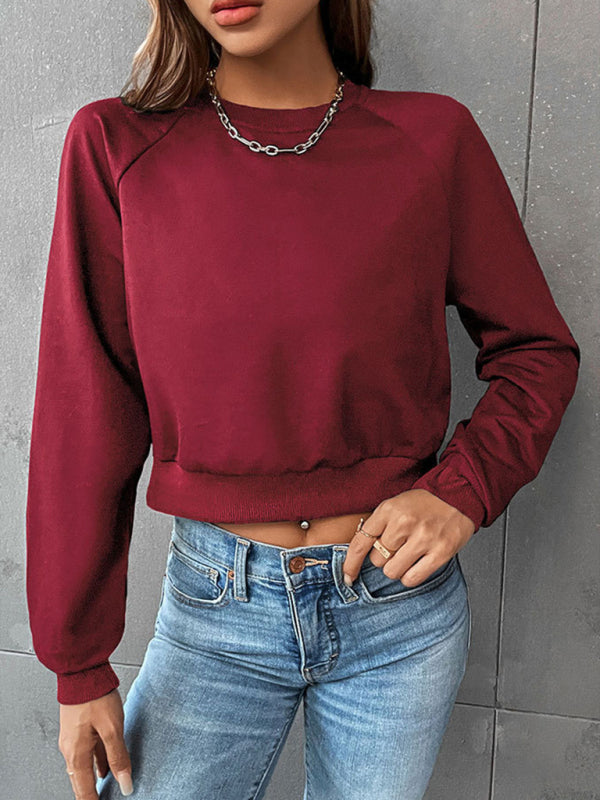 Sweatshirts- Crop Pullover - Round Neck, Long Sleeve Sweatshirt- - Pekosa Women Clothing