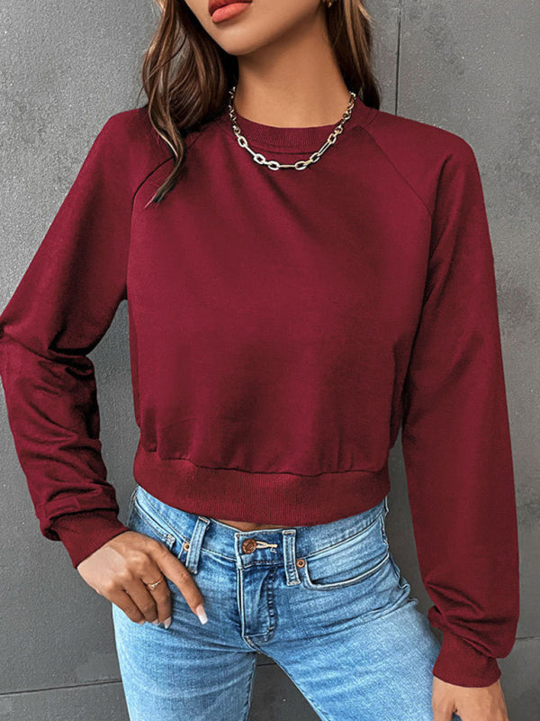 Sweatshirts- Crop Pullover - Round Neck, Long Sleeve Sweatshirt- Wine Red- Pekosa Women Clothing