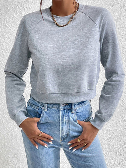 Sweatshirts- Crop Pullover - Round Neck, Long Sleeve Sweatshirt- Misty grey- Pekosa Women Clothing