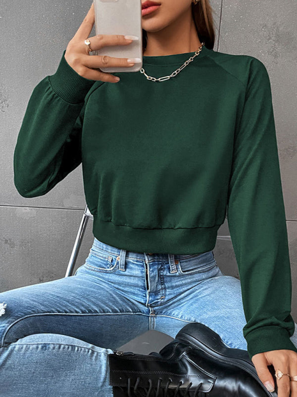 Sweatshirts- Crop Pullover - Round Neck, Long Sleeve Sweatshirt- - Pekosa Women Clothing