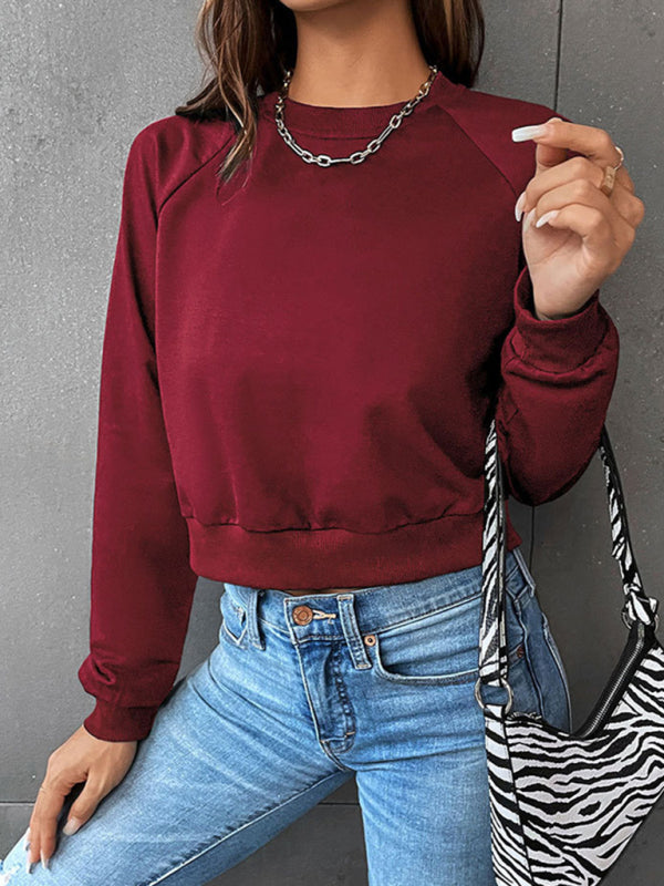 Sweatshirts- Crop Pullover - Round Neck, Long Sleeve Sweatshirt- - Pekosa Women Clothing