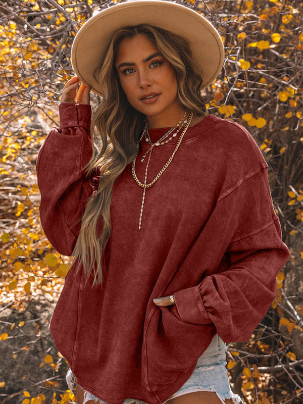 Sweatshirts- Drop Shoulder Oversized Washed Sweatshirt with Open Back- Red- Pekosa Women Clothing