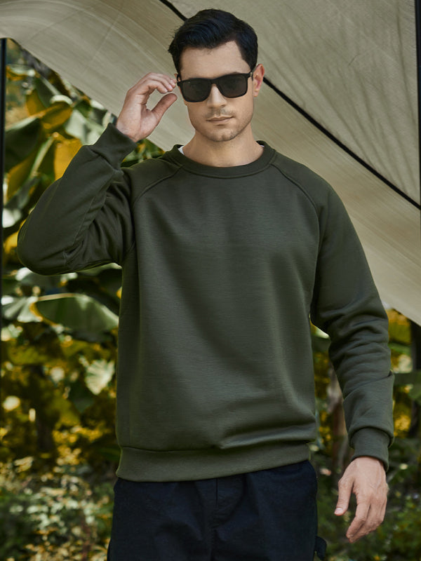 Sweatshirts- Essential Men's Solid Crew Neck Sweatshirt- Olive green- Pekosa Women Clothing