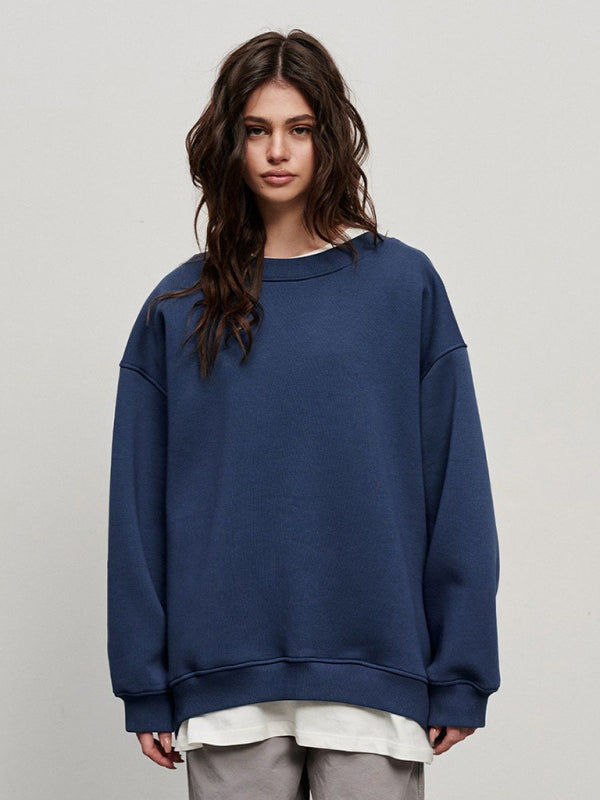 Sweatshirts- Everyday Lounge Wear Cozy Fleece Sweatshirt - Oversized Slouchy Pullover- Blue- Pekosa Women Clothing