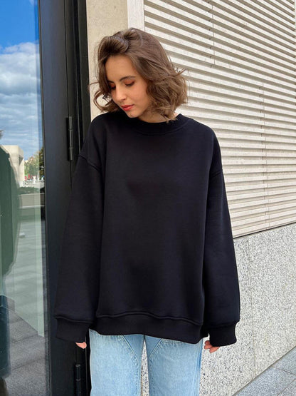 Sweatshirts- Everyday Lounge Wear Cozy Fleece Sweatshirt - Oversized Slouchy Pullover- Black- Pekosa Women Clothing