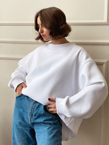 Sweatshirts- Everyday Lounge Wear Cozy Fleece Sweatshirt - Oversized Slouchy Pullover- White- Pekosa Women Clothing