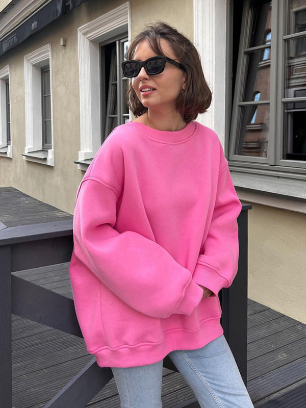 Sweatshirts- Everyday Lounge Wear Cozy Fleece Sweatshirt - Oversized Slouchy Pullover- - Pekosa Women Clothing