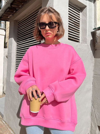 Sweatshirts- Everyday Lounge Wear Cozy Fleece Sweatshirt - Oversized Slouchy Pullover- Rose- Pekosa Women Clothing