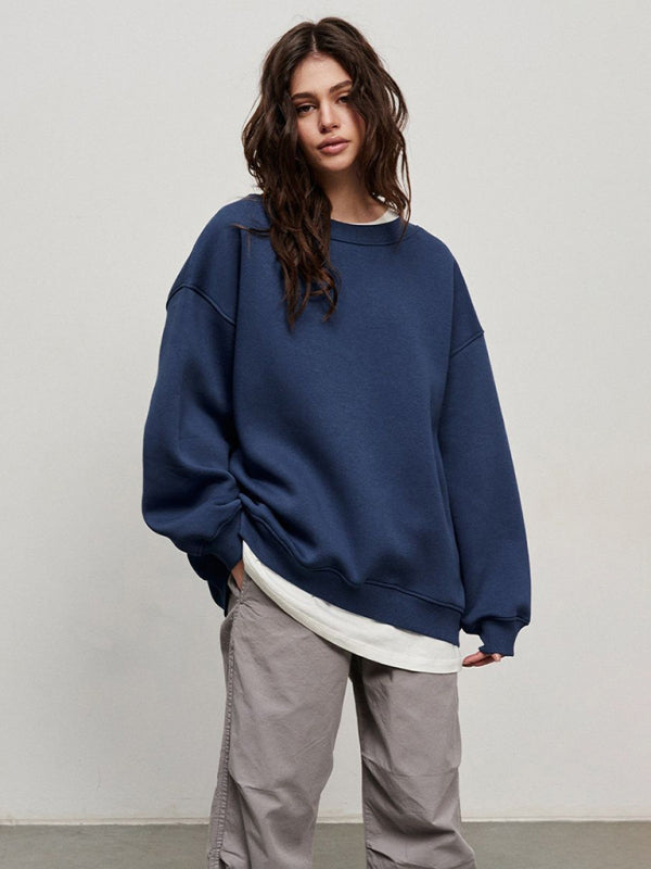 Sweatshirts- Everyday Lounge Wear Cozy Fleece Sweatshirt - Oversized Slouchy Pullover- - Pekosa Women Clothing