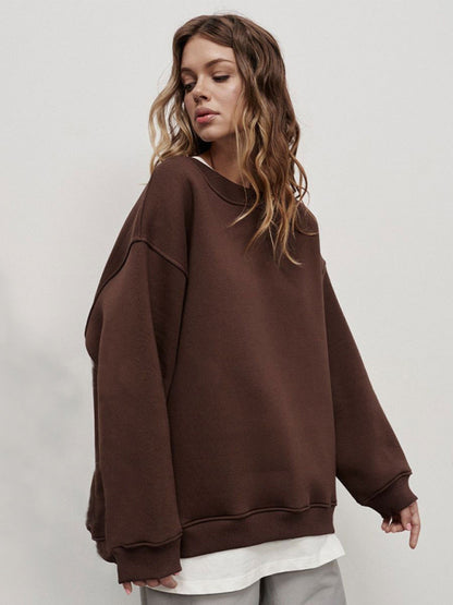 Sweatshirts- Everyday Lounge Wear Cozy Fleece Sweatshirt - Oversized Slouchy Pullover- Coffee- Pekosa Women Clothing