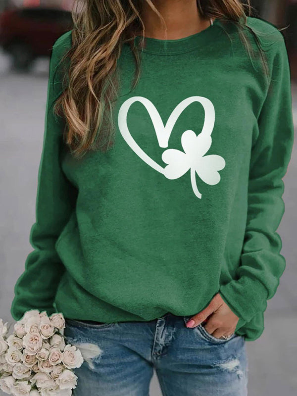 Sweatshirts- Festive Four-Leaf Clover Sweatshirt for St. Patrick's Day- Green- Pekosa Women Clothing