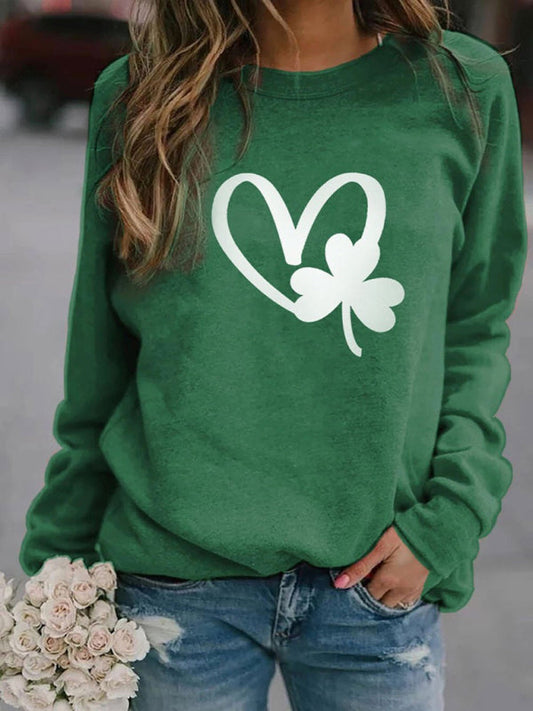 Sweatshirts- Festive Four-Leaf Clover Sweatshirt for St. Patrick's Day- Green- Pekosa Women Clothing