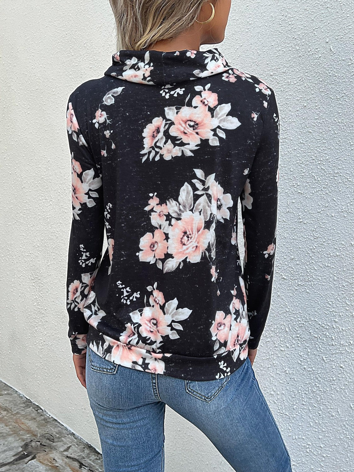 Sweatshirts- Floral Cowl Neck Sweatshirt - Adjustable Drawstring, Long Sleeve Top- - Pekosa Women Clothing