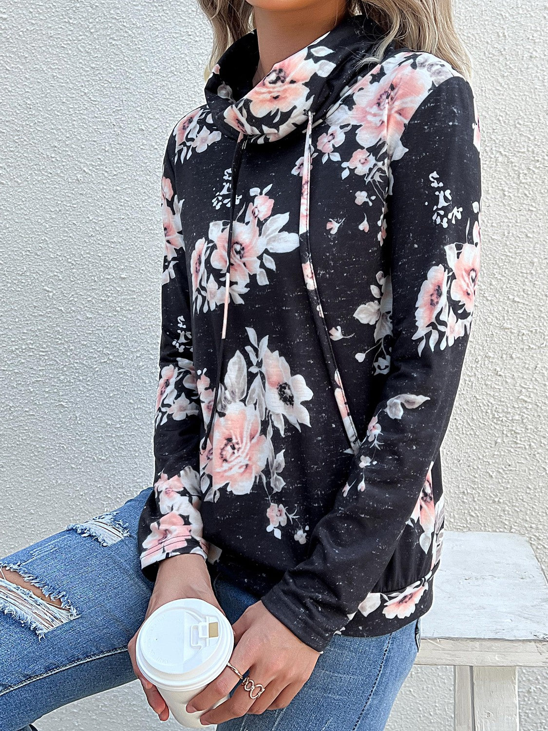 Sweatshirts- Floral Cowl Neck Sweatshirt - Adjustable Drawstring, Long Sleeve Top- - Pekosa Women Clothing