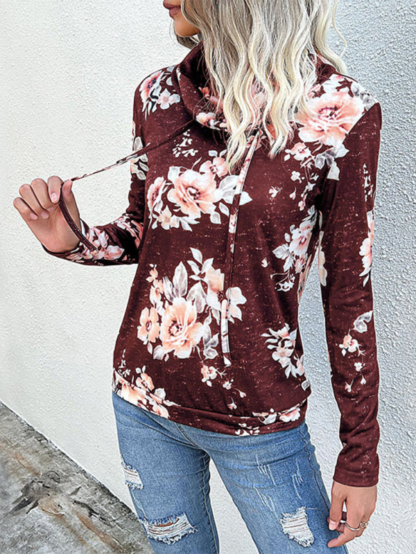 Sweatshirts- Floral Cowl Neck Sweatshirt - Adjustable Drawstring, Long Sleeve Top- Wine Red- Pekosa Women Clothing