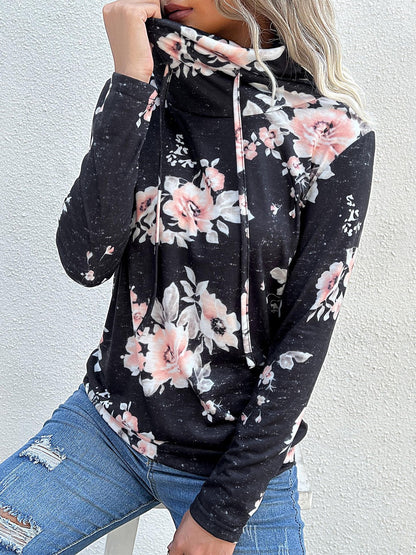 Sweatshirts- Floral Cowl Neck Sweatshirt - Adjustable Drawstring, Long Sleeve Top- - Pekosa Women Clothing