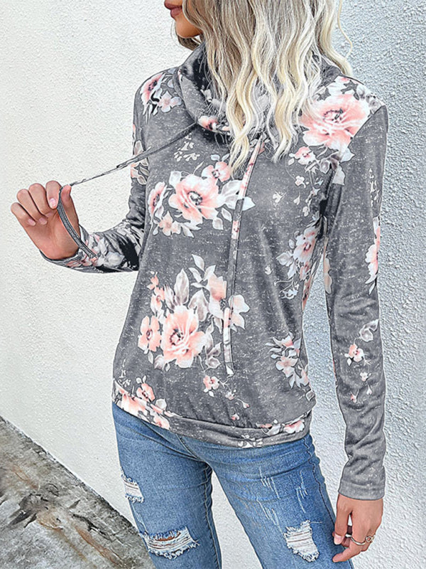 Sweatshirts- Floral Cowl Neck Sweatshirt - Adjustable Drawstring, Long Sleeve Top- Misty grey- Pekosa Women Clothing