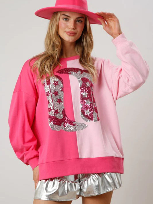 Sweatshirts- Girls' Pink Festive Color-Block Sparkle Sweatshirt- Pink- Pekosa Women Clothing