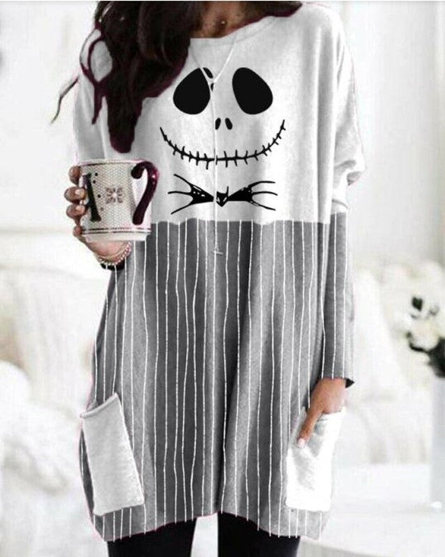 Sweatshirts- Halloween Ghost Face Patchwork Mid-length Sweatshirt- Grey- Pekosa Women Clothing