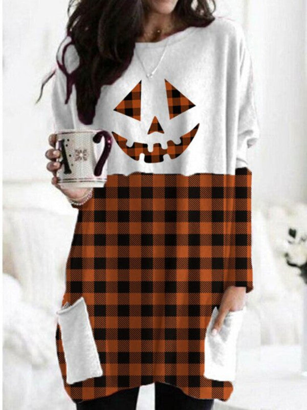 Sweatshirts- Halloween Ghost Face Patchwork Mid-length Sweatshirt- Orange- Pekosa Women Clothing