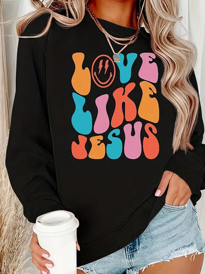 Sweatshirts- Holy Week Women's Love Jesus Print Sweatshirt- Black- Pekosa Women Fashion