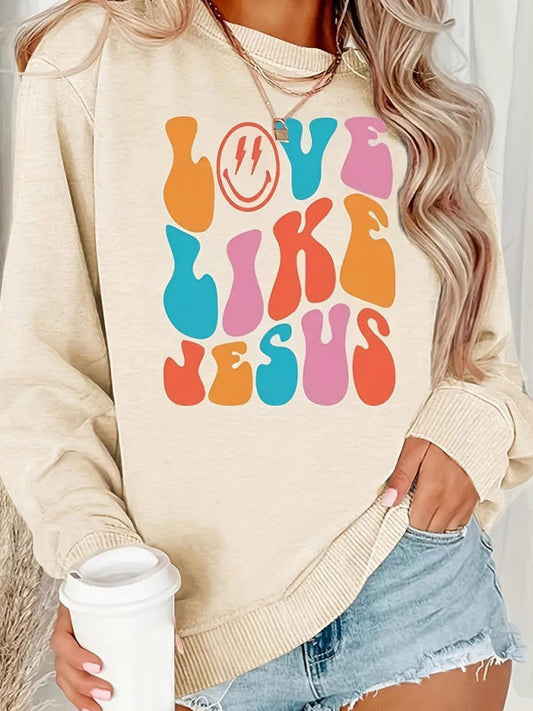 Sweatshirts- Holy Week Women's Love Jesus Print Sweatshirt- Cracker khaki- Pekosa Women Fashion