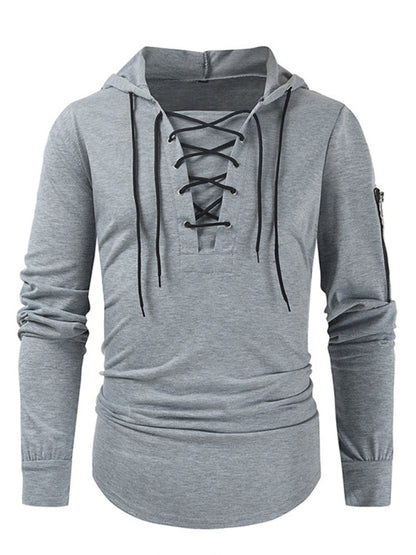 Sweatshirts- Lace-Up Men's Lightweight Hooded Sweatshirt- Misty grey- Pekosa Women Clothing