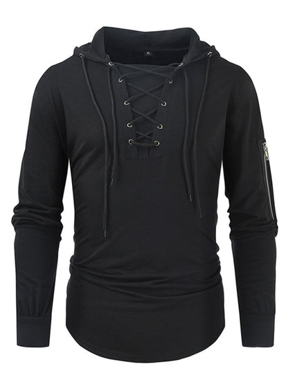 Sweatshirts- Lace-Up Men's Lightweight Hooded Sweatshirt- Black- Pekosa Women Clothing