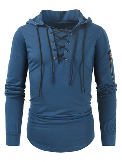 Sweatshirts- Lace-Up Men's Lightweight Hooded Sweatshirt- Blue- Pekosa Women Clothing